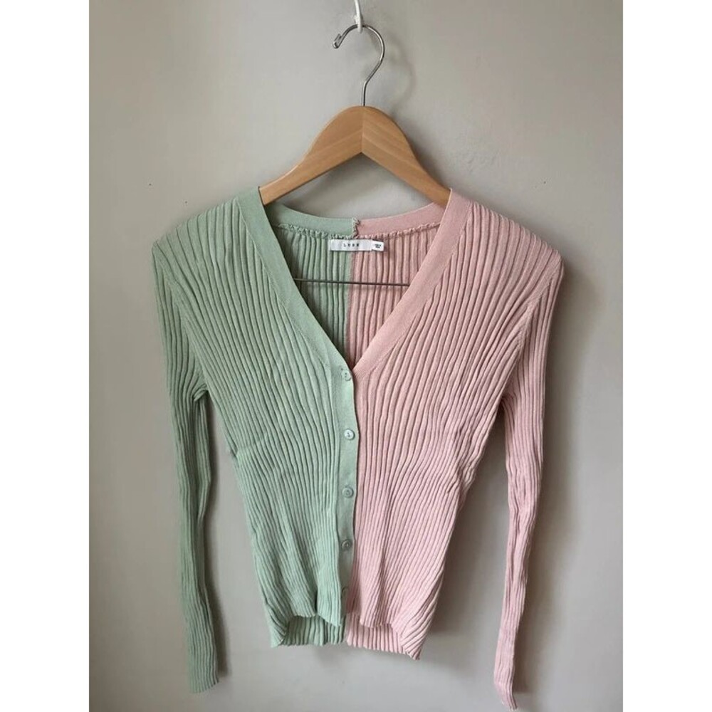 Lush Sage Pink Colorblock Ribbed Cardigan Medium